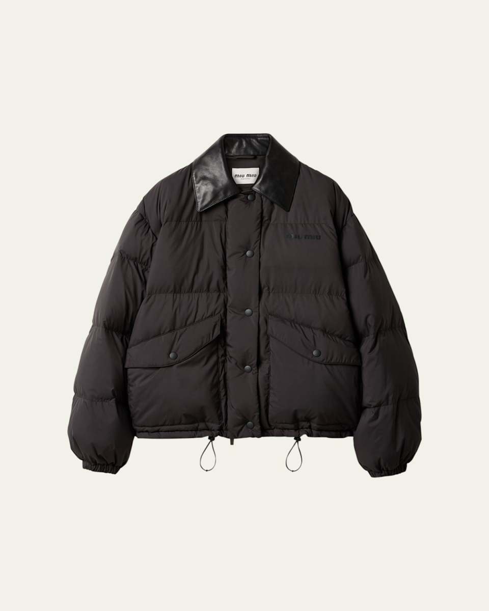 Printed Logo Leather Collar Oversized Down Jacket